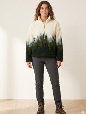 Cozy Forest-Print Sherpa Pullover - Cream and Shades Of Green, M